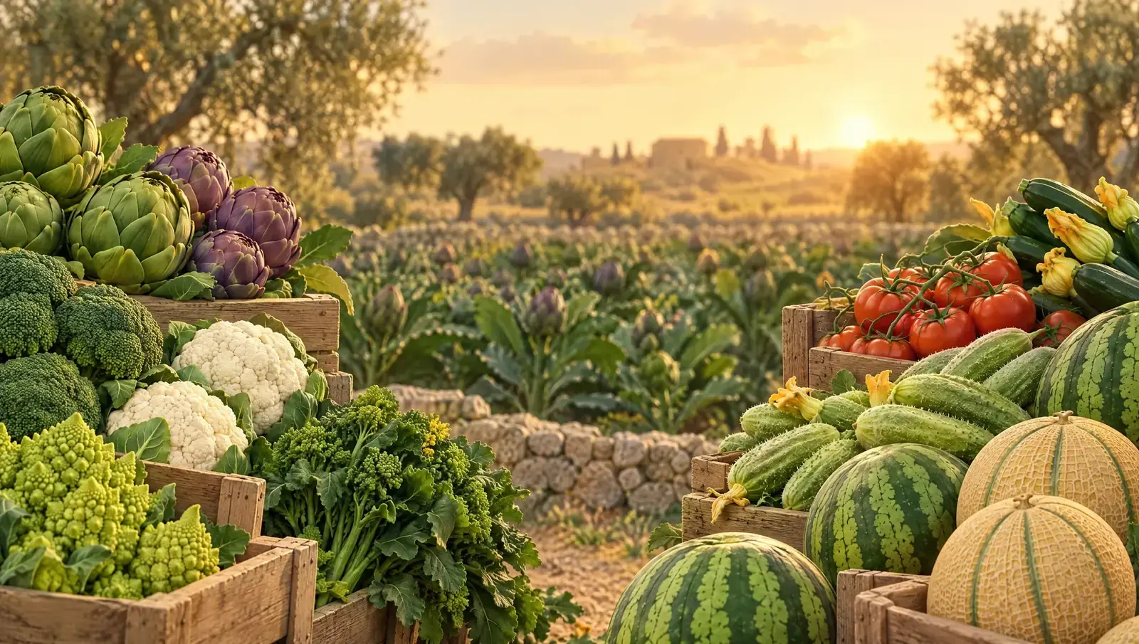 Illustrazione di casse di carciofi, broccoli, cavolfiori, pomodori, zucchine, angurie e meloni ai bordi di un campo del Salento al tramonto