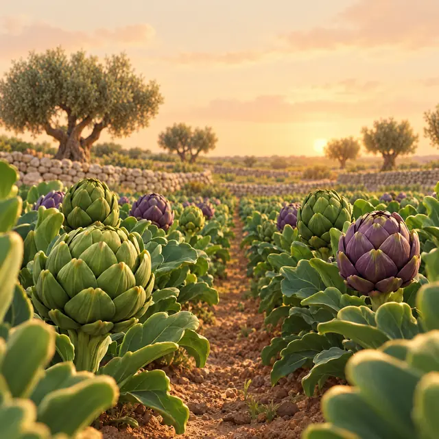 Campo di carciofi al tramonto tra ulivi e muretti a secco